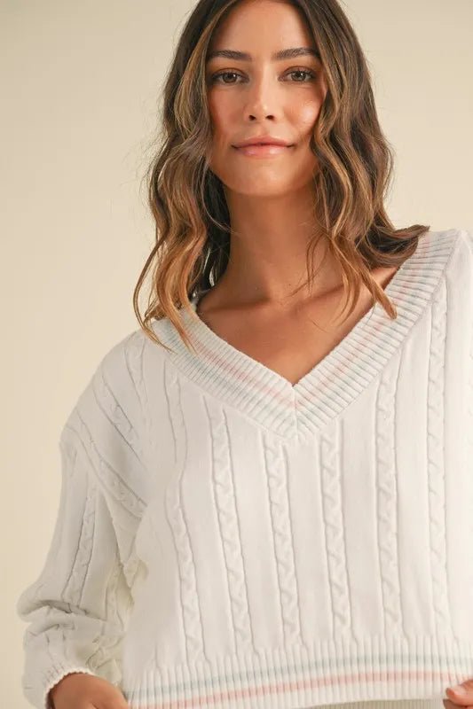 MABLE V - Neck Varsity Crop Knit Sweater and Skirt Set - Blu Lotus Boutique