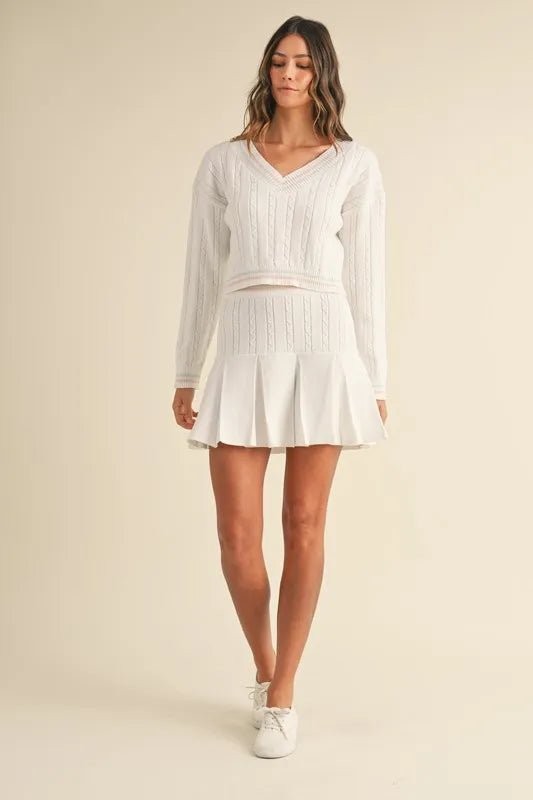 MABLE V - Neck Varsity Crop Knit Sweater and Skirt Set - Blu Lotus Boutique