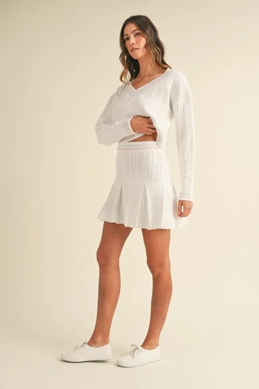MABLE V - Neck Varsity Crop Knit Sweater and Skirt Set - Blu Lotus Boutique