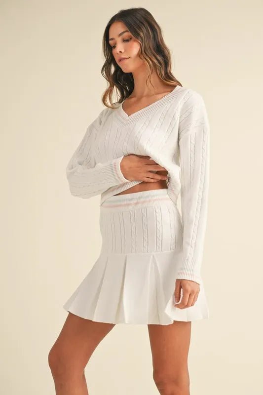 MABLE V - Neck Varsity Crop Knit Sweater and Skirt Set - Blu Lotus Boutique