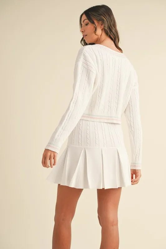 MABLE V - Neck Varsity Crop Knit Sweater and Skirt Set - Blu Lotus Boutique