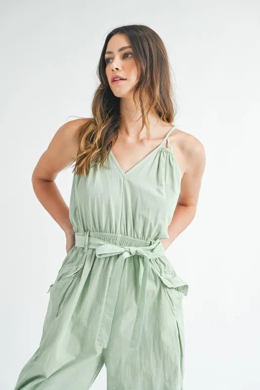 MABLE Washed Fabric Spaghetti Strap Waist Belted Jumpsuit - Blu Lotus Boutique