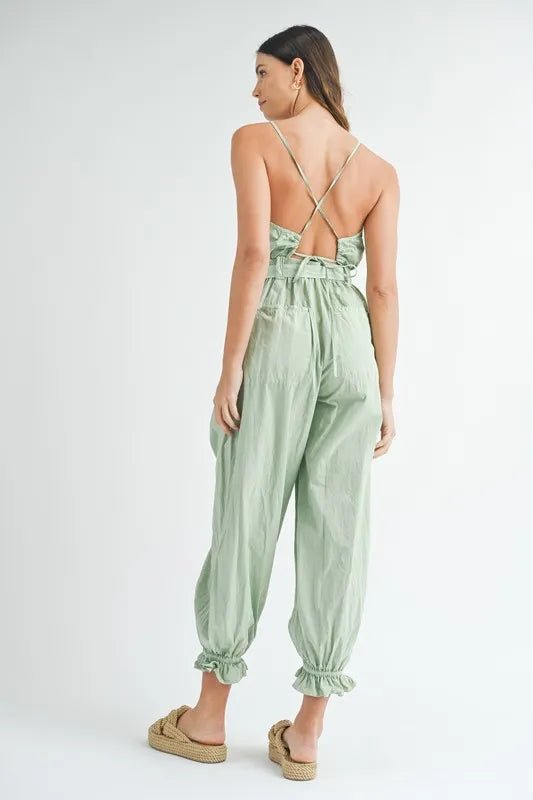 MABLE Washed Fabric Spaghetti Strap Waist Belted Jumpsuit - Blu Lotus Boutique