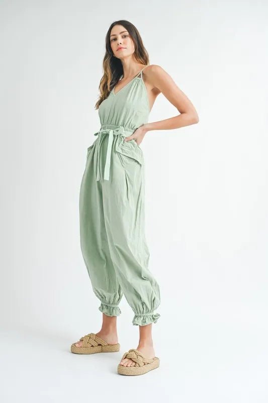 MABLE Washed Fabric Spaghetti Strap Waist Belted Jumpsuit - Blu Lotus Boutique