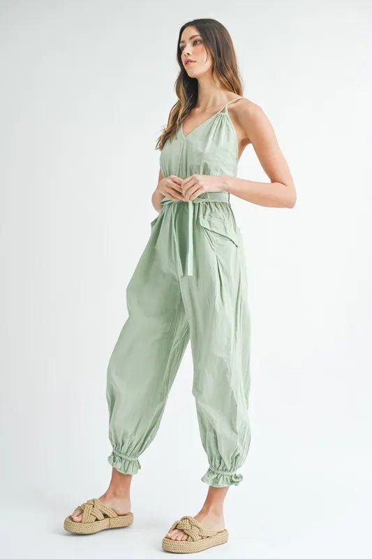 MABLE Washed Fabric Spaghetti Strap Waist Belted Jumpsuit - Blu Lotus Boutique