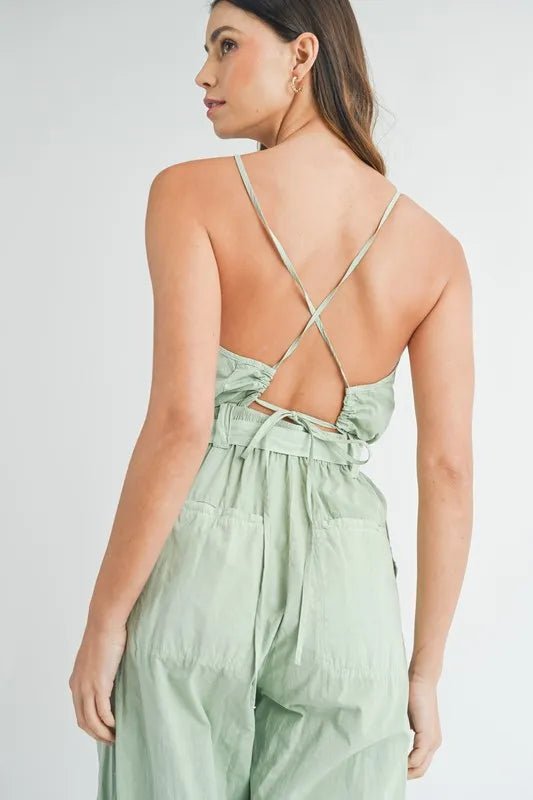 MABLE Washed Fabric Spaghetti Strap Waist Belted Jumpsuit - Blu Lotus Boutique