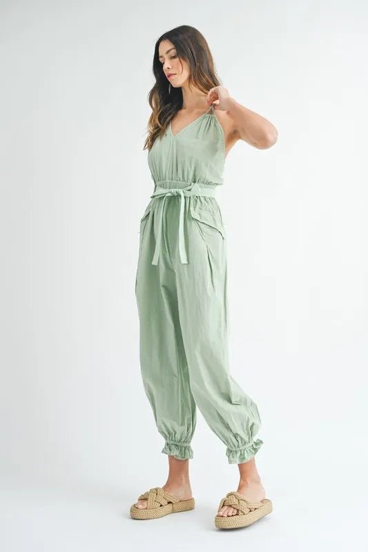 MABLE Washed Fabric Spaghetti Strap Waist Belted Jumpsuit - Blu Lotus Boutique