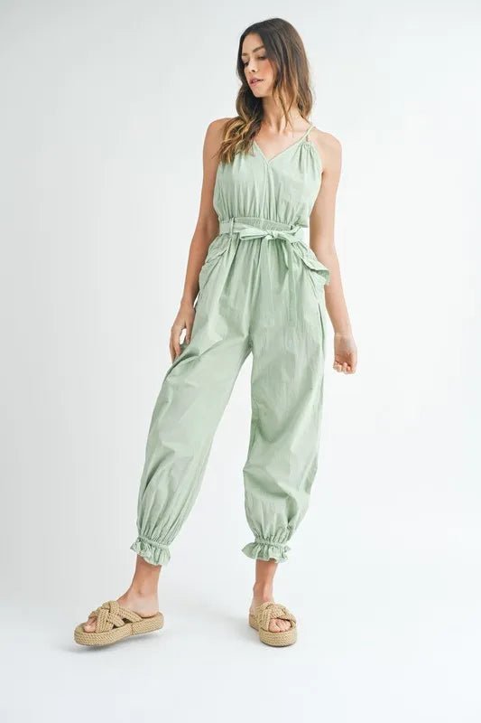 MABLE Washed Fabric Spaghetti Strap Waist Belted Jumpsuit - Blu Lotus Boutique