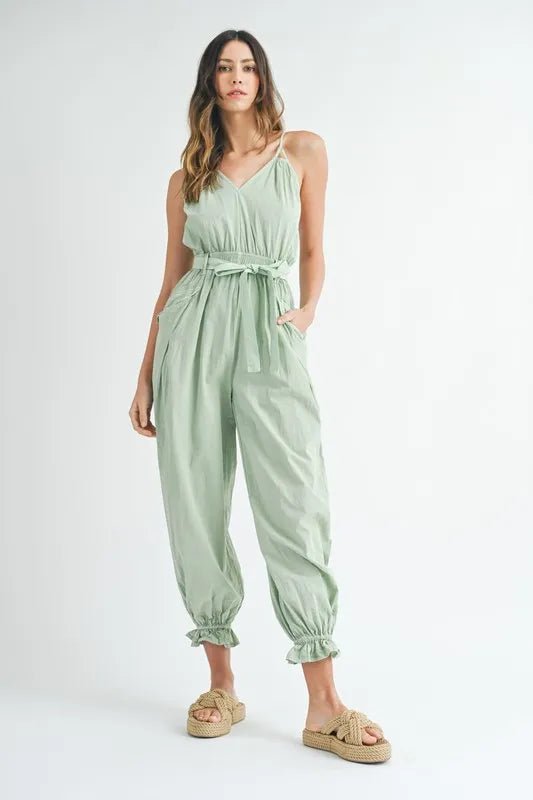 MABLE Washed Fabric Spaghetti Strap Waist Belted Jumpsuit - Blu Lotus Boutique