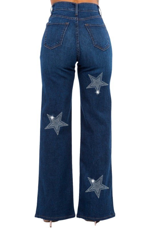 Made in USA Rhinestone Star Wide Leg Jeans - Blu Lotus Boutique