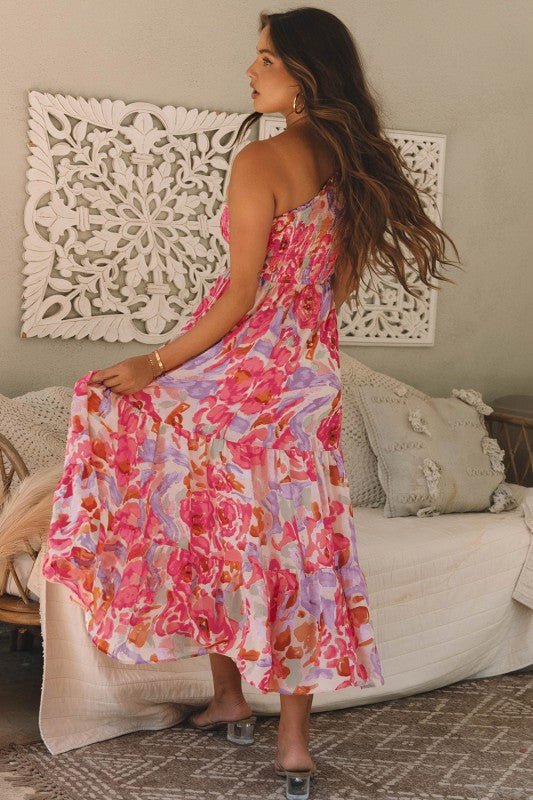 Malaysia Floral Print Shirred One Shoulder Maxi Dr - Blu Lotus Boutique