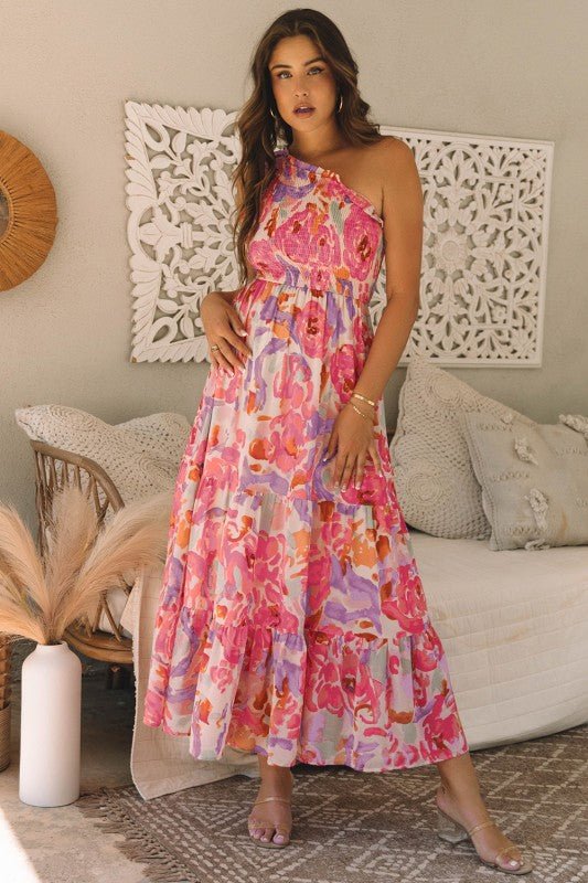 Malaysia Floral Print Shirred One Shoulder Maxi Dr - Blu Lotus Boutique