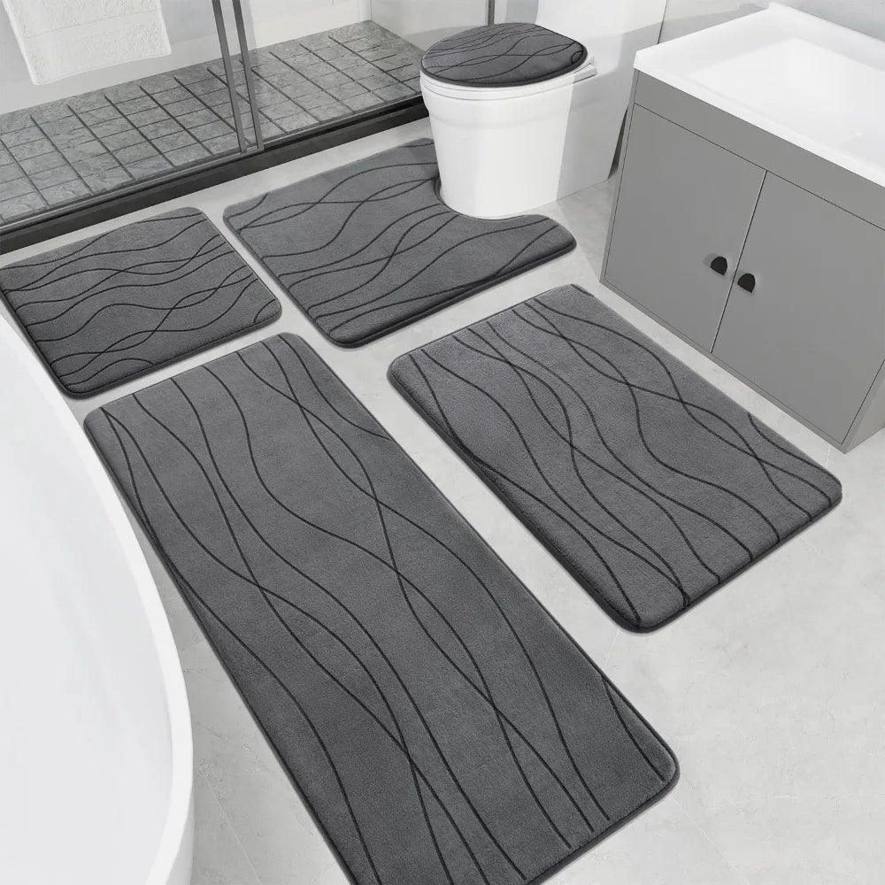 Memory Foam Grey Bathroom Rug Sets 5 Piece, Ultra Absorbent Bath Mat for Bathroom - Non - Slip Machine Washable - Blu Lotus Boutique