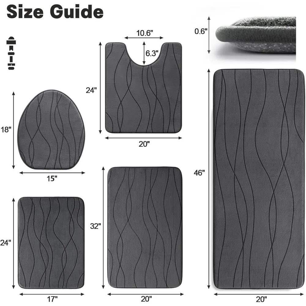 Memory Foam Grey Bathroom Rug Sets 5 Piece, Ultra Absorbent Bath Mat for Bathroom - Non - Slip Machine Washable - Blu Lotus Boutique
