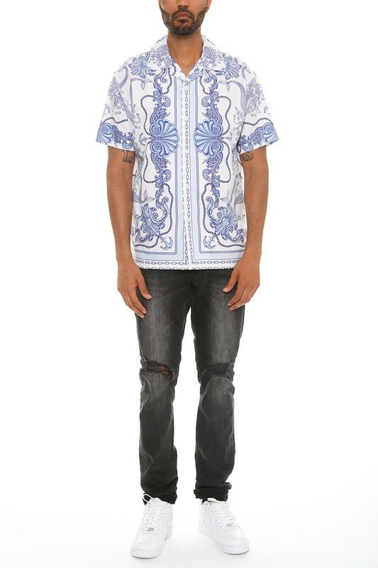 Mens Collared Print Button Down - Blu Lotus Boutique