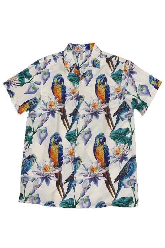 MENS TUCAN PARROT PRINT RESORT BUTTON DOWN SHIRT - Blu Lotus Boutique