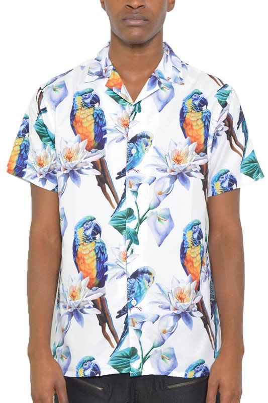 MENS TUCAN PARROT PRINT RESORT BUTTON DOWN SHIRT - Blu Lotus Boutique