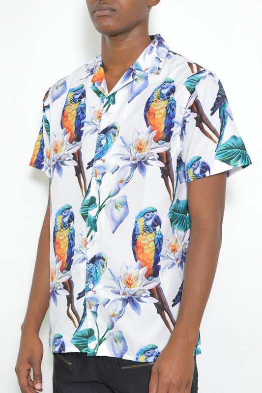 MENS TUCAN PARROT PRINT RESORT BUTTON DOWN SHIRT - Blu Lotus Boutique