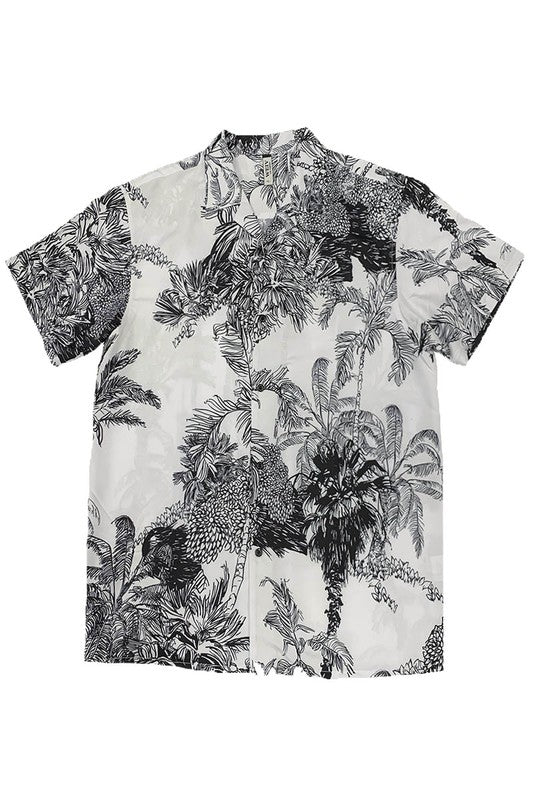 MENS WHITE BLACK PRINT BUTTON DOWN SHIRT - Blu Lotus Boutique