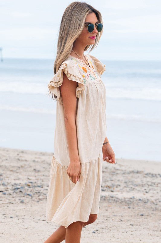 Meredith Embroidery Split Neck Short Dress - Blu Lotus Boutique