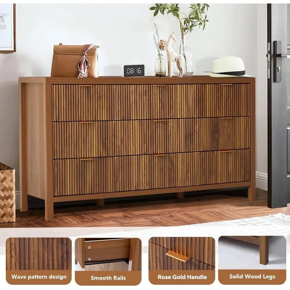 Mid Century Modern Dresser TV Stand, 9 Drawer Dresser for Bedroom Wood, Farmhouse Boho Storage Cabinet Side Table with Solid Nat - Blu Lotus Boutique