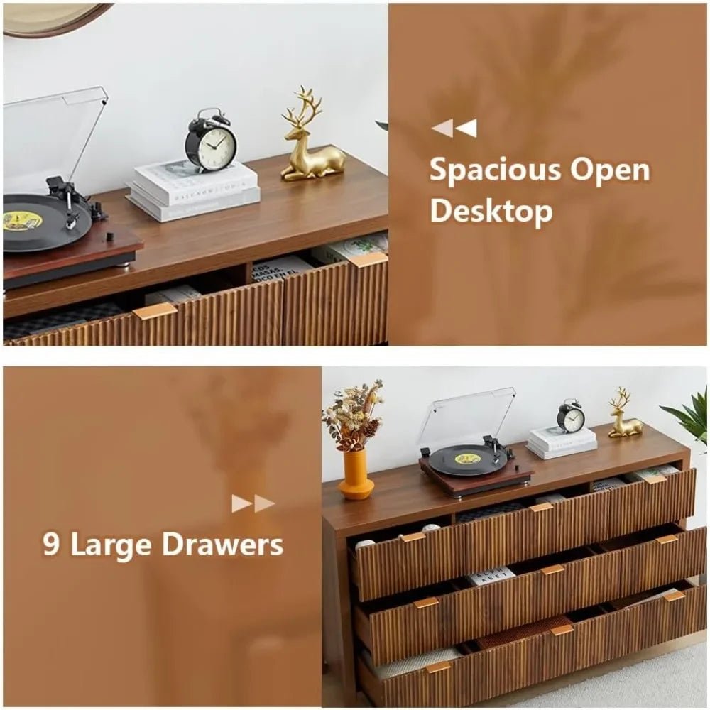 Mid Century Modern Dresser TV Stand, 9 Drawer Dresser for Bedroom Wood, Farmhouse Boho Storage Cabinet Side Table with Solid Nat - Blu Lotus Boutique