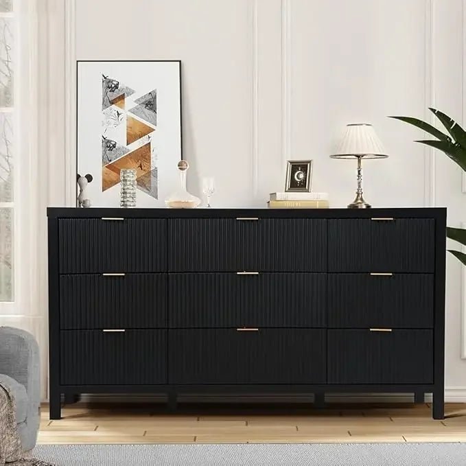 Mid Century Modern Dresser TV Stand, 9 Drawer Dresser for Bedroom Wood, Farmhouse Boho Storage Cabinet Side Table with Solid Nat - Blu Lotus Boutique