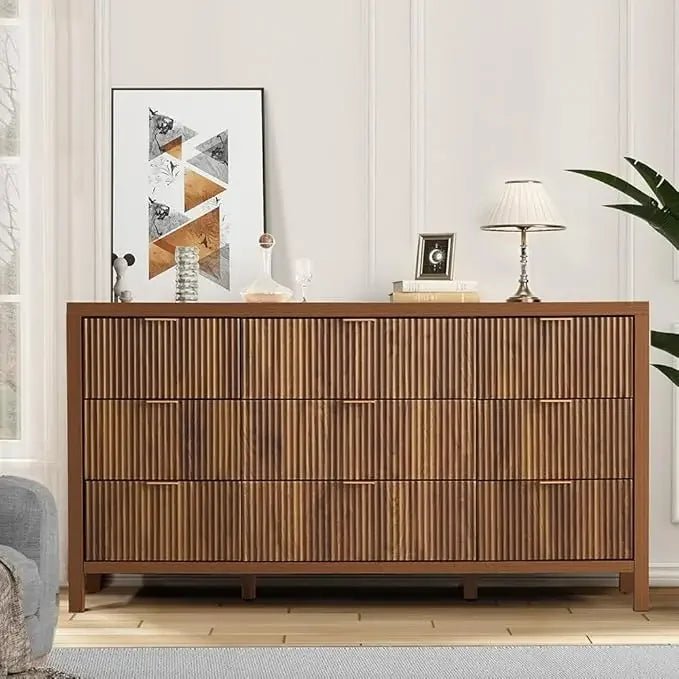 Mid Century Modern Dresser TV Stand, 9 Drawer Dresser for Bedroom Wood, Farmhouse Boho Storage Cabinet Side Table with Solid Nat - Blu Lotus Boutique