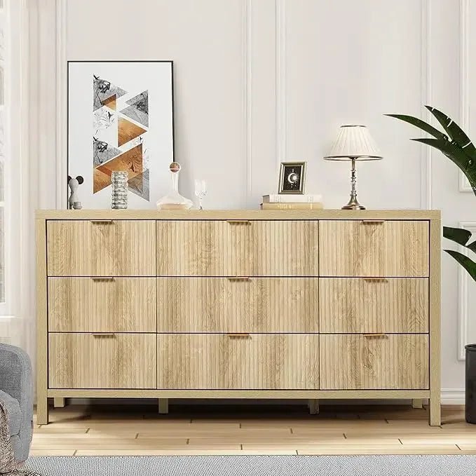 Mid Century Modern Dresser TV Stand, 9 Drawer Dresser for Bedroom Wood, Farmhouse Boho Storage Cabinet Side Table with Solid Nat - Blu Lotus Boutique