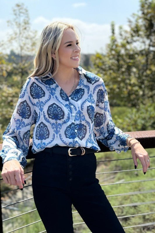 Mila Pattern Button Top - Blu Lotus Boutique
