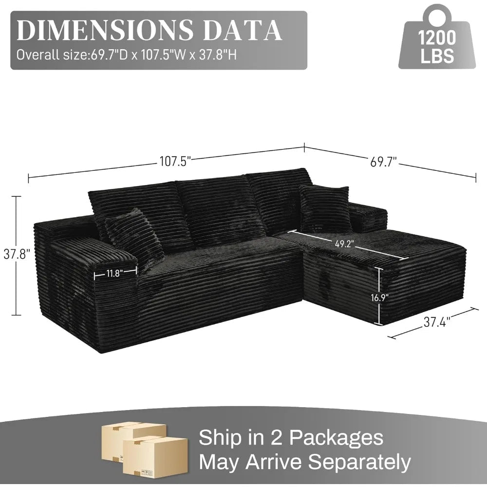 Modular Sectional Sofa Cloud Sectional Couch, 107" Comfy Fluffy L Shaped Black Couches for Living Room, Deep Seat Memory Foam - Blu Lotus Boutique