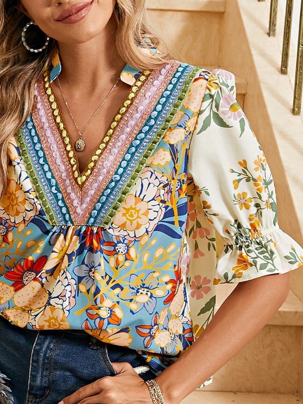 Multicolour Half Sleeve Boho Floral Blouse - Blu Lotus Boutique