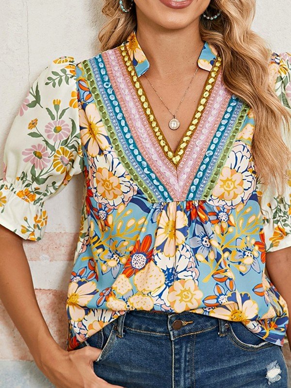 Multicolour Half Sleeve Boho Floral Blouse - Blu Lotus Boutique