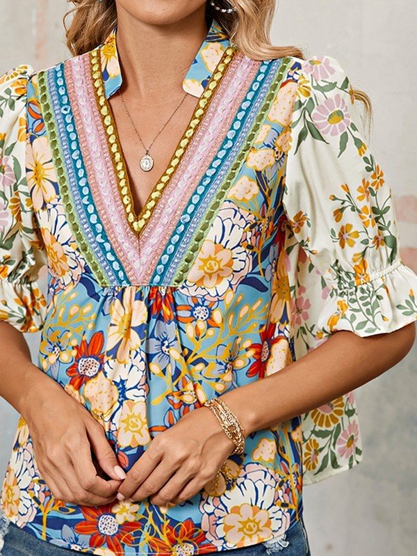 Multicolour Half Sleeve Boho Floral Blouse - Blu Lotus Boutique