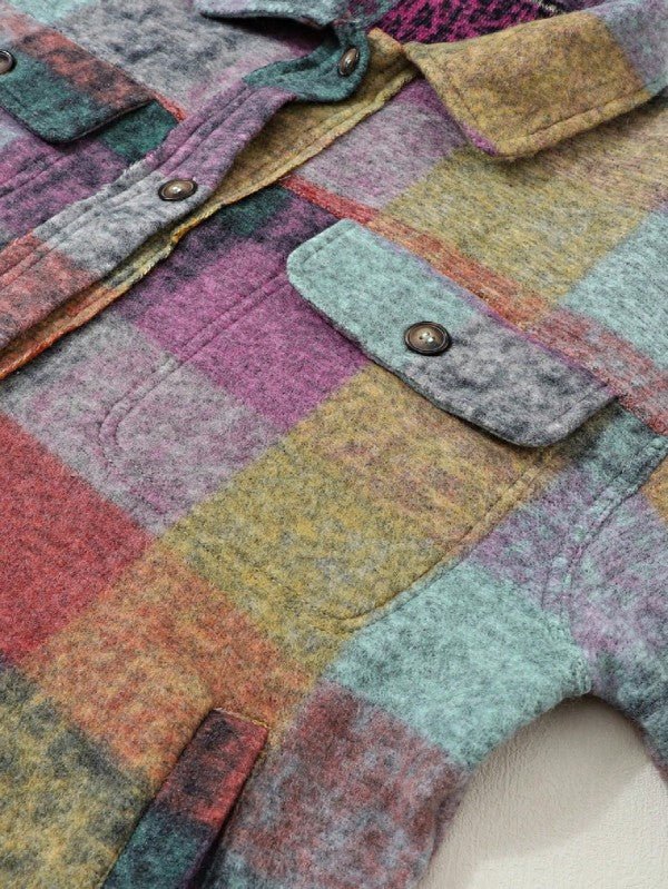 Mustard Red Mint plaid button Shacket Cardigan - Blu Lotus Boutique