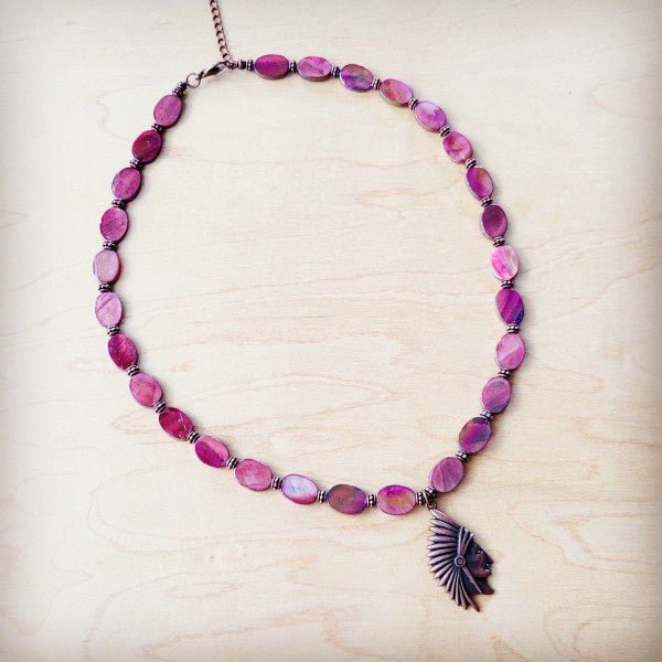 Natural Pink Jade Beaded Necklace w Indian Head - Blu Lotus Boutique