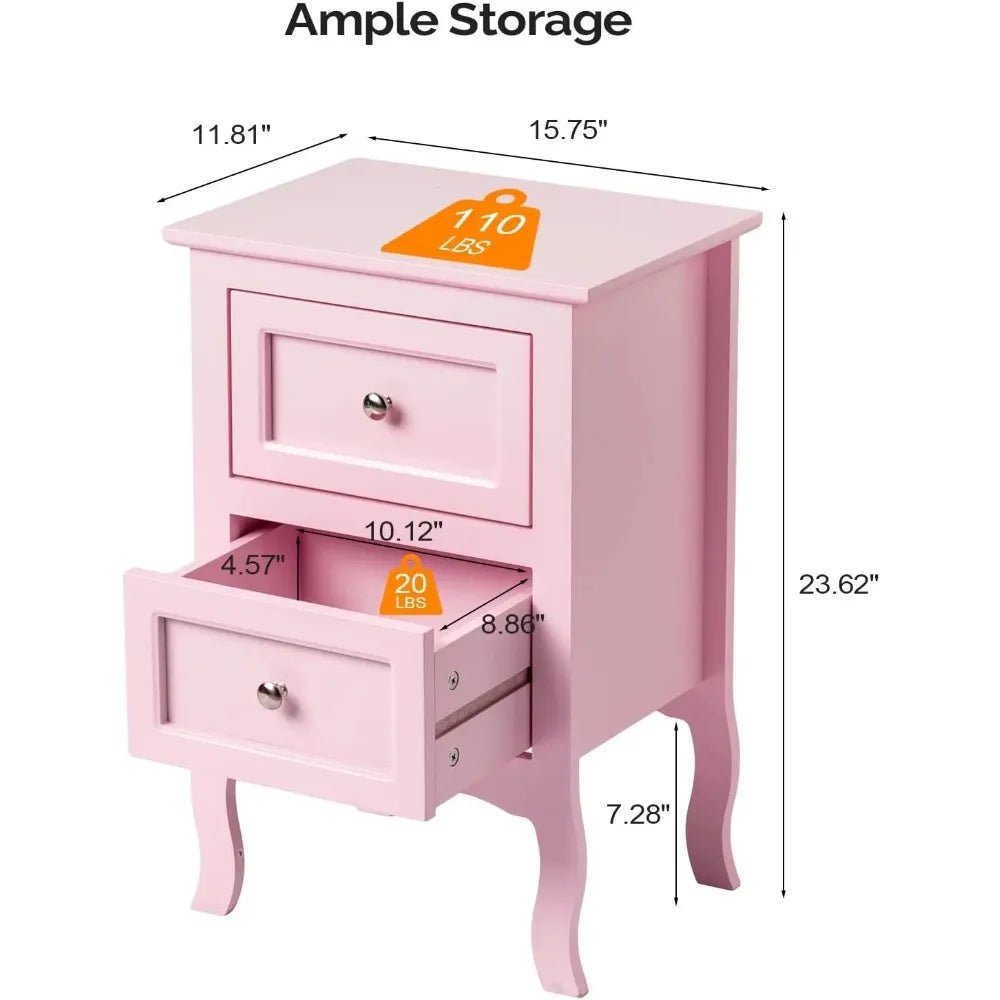 Nightstand Set of 2, Nightstands with 2 Drawers, Bed Side Table/Night Stand, Pink Nightstand, Small Nightstand for Bedroom, Col - Blu Lotus Boutique