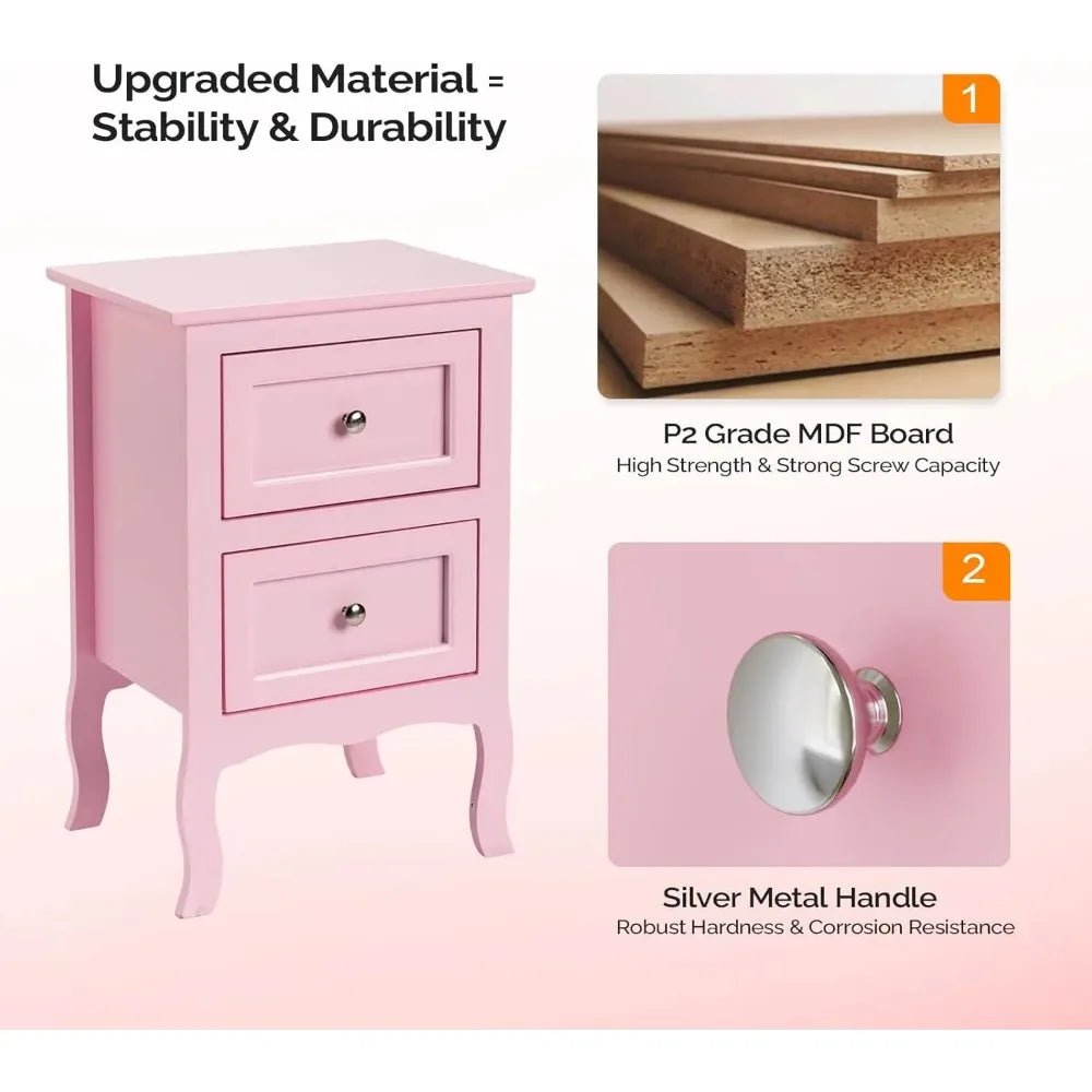 Nightstand Set of 2, Nightstands with 2 Drawers, Bed Side Table/Night Stand, Pink Nightstand, Small Nightstand for Bedroom, Col - Blu Lotus Boutique