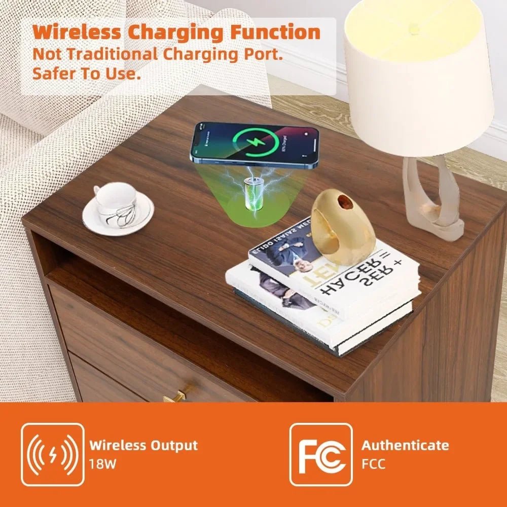 Nightstands Set of 2 with Wireless Charging Function, Wood Night Stands 2 Sets with Drawers and Open Shelf Storage - Blu Lotus Boutique