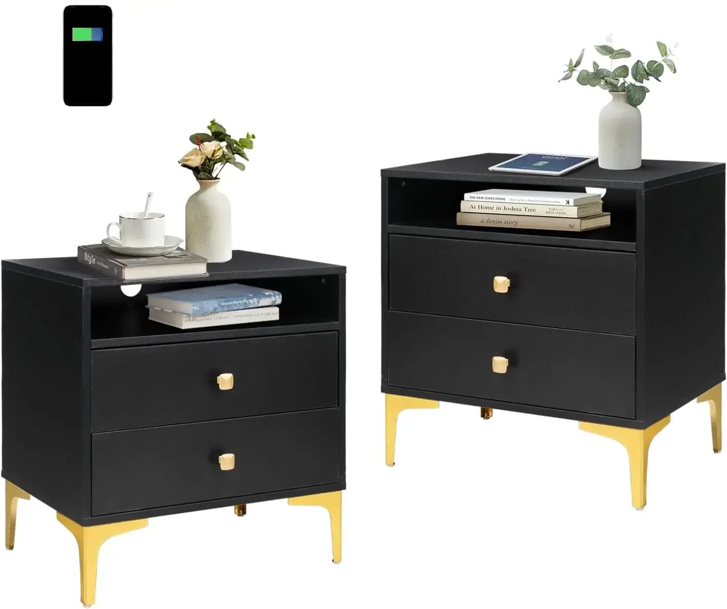 Nightstands Set of 2 with Wireless Charging Function, Wood Night Stands 2 Sets with Drawers and Open Shelf Storage - Blu Lotus Boutique