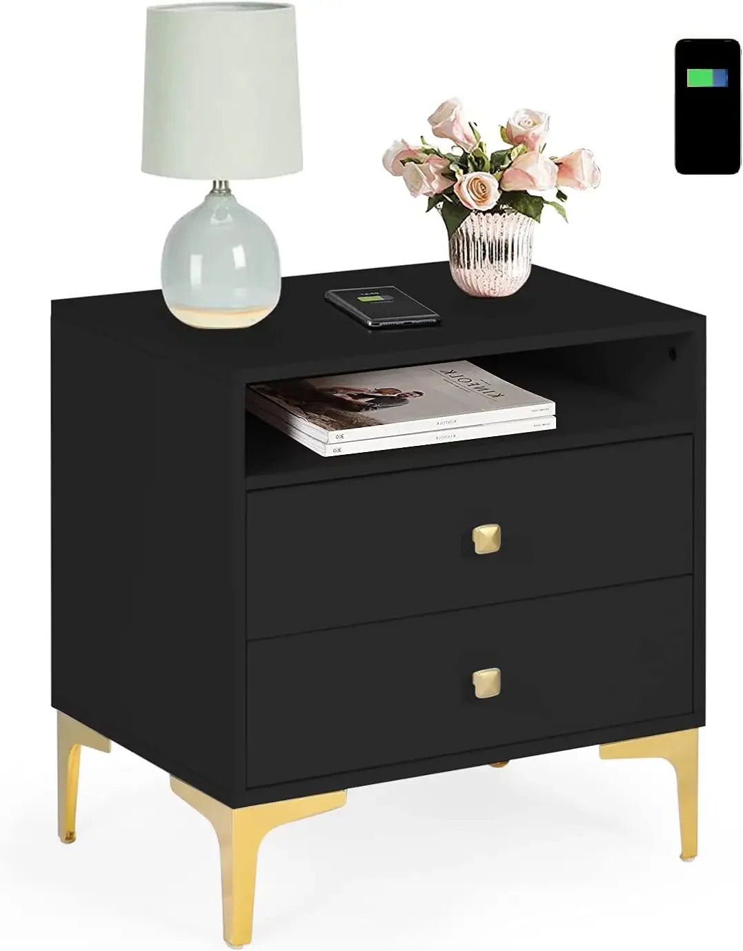Nightstands Set of 2 with Wireless Charging Function, Wood Night Stands 2 Sets with Drawers and Open Shelf Storage - Blu Lotus Boutique