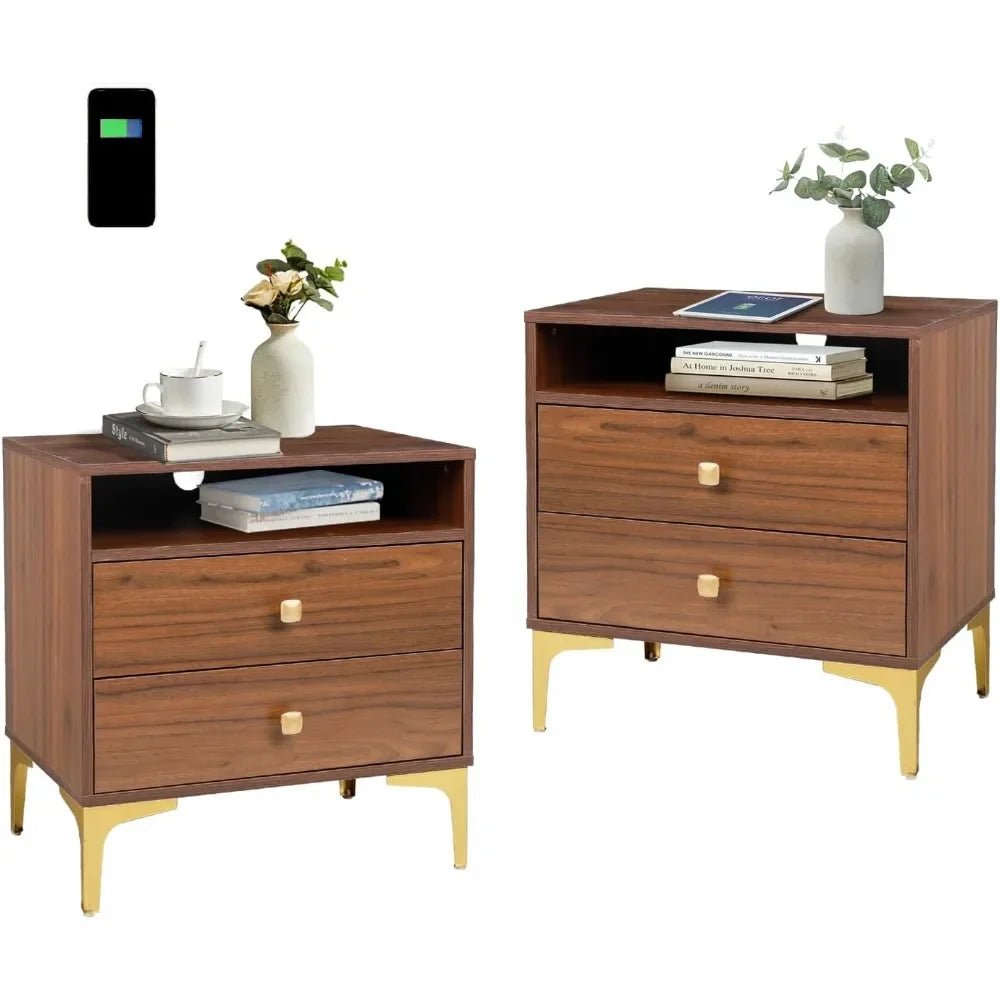 Nightstands Set of 2 with Wireless Charging Function, Wood Night Stands 2 Sets with Drawers and Open Shelf Storage - Blu Lotus Boutique