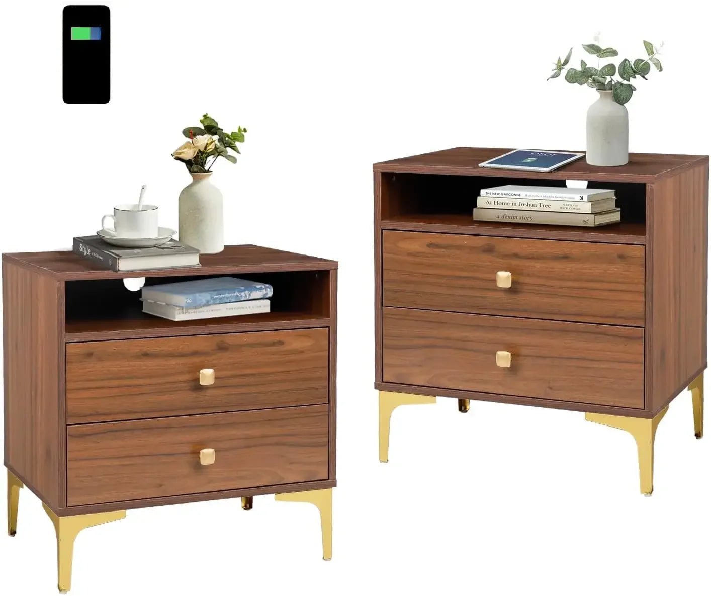 Nightstands Set of 2 with Wireless Charging Function, Wood Night Stands 2 Sets with Drawers and Open Shelf Storage - Blu Lotus Boutique