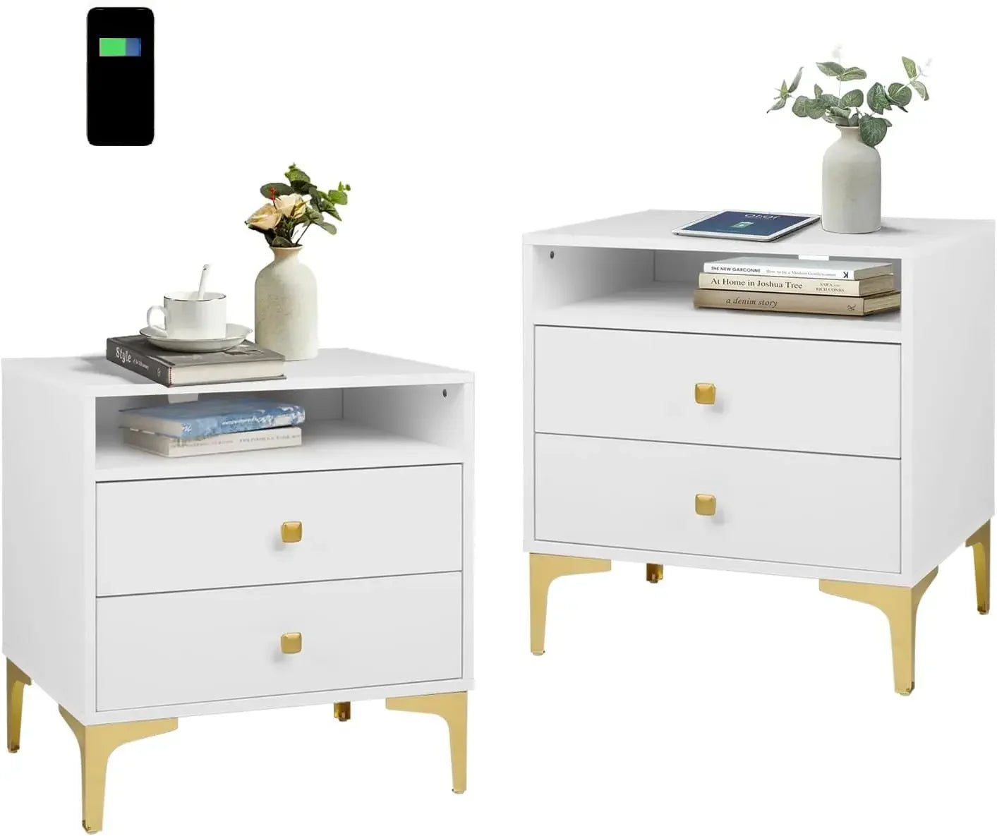 Nightstands Set of 2 with Wireless Charging Function, Wood Night Stands 2 Sets with Drawers and Open Shelf Storage - Blu Lotus Boutique