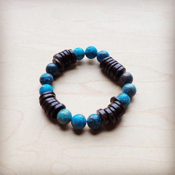 Ocean Agate and Wood Stretch Bracelet - Blu Lotus Boutique
