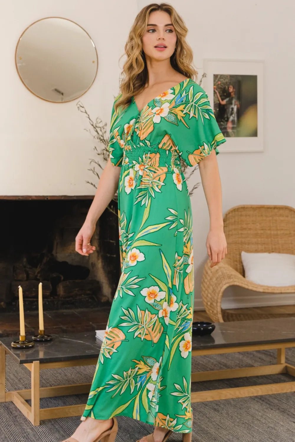 ODDI Full Size Floral Smocked Tied Back Maxi Dress - Blu Lotus Boutique