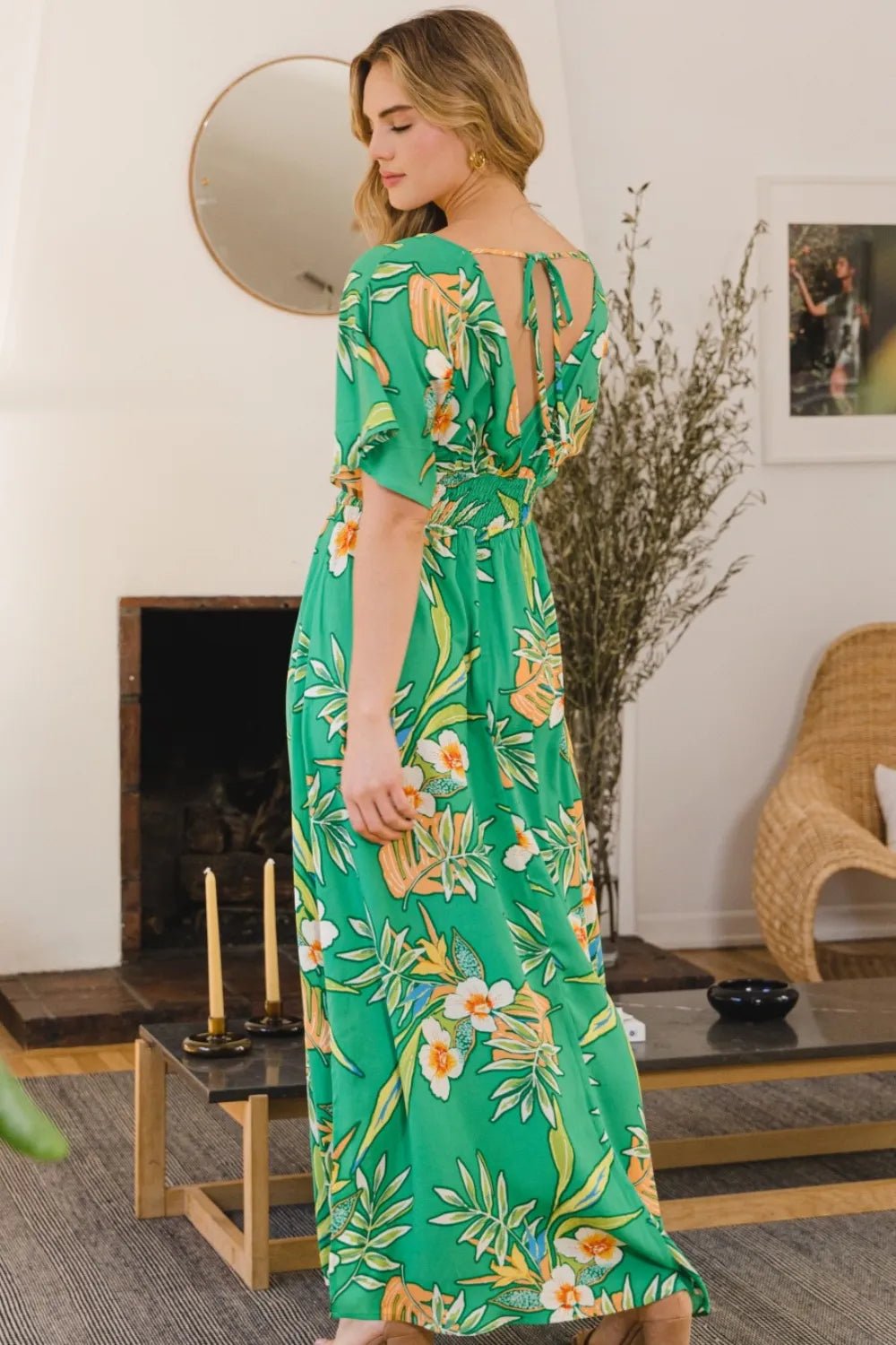 ODDI Full Size Floral Smocked Tied Back Maxi Dress - Blu Lotus Boutique
