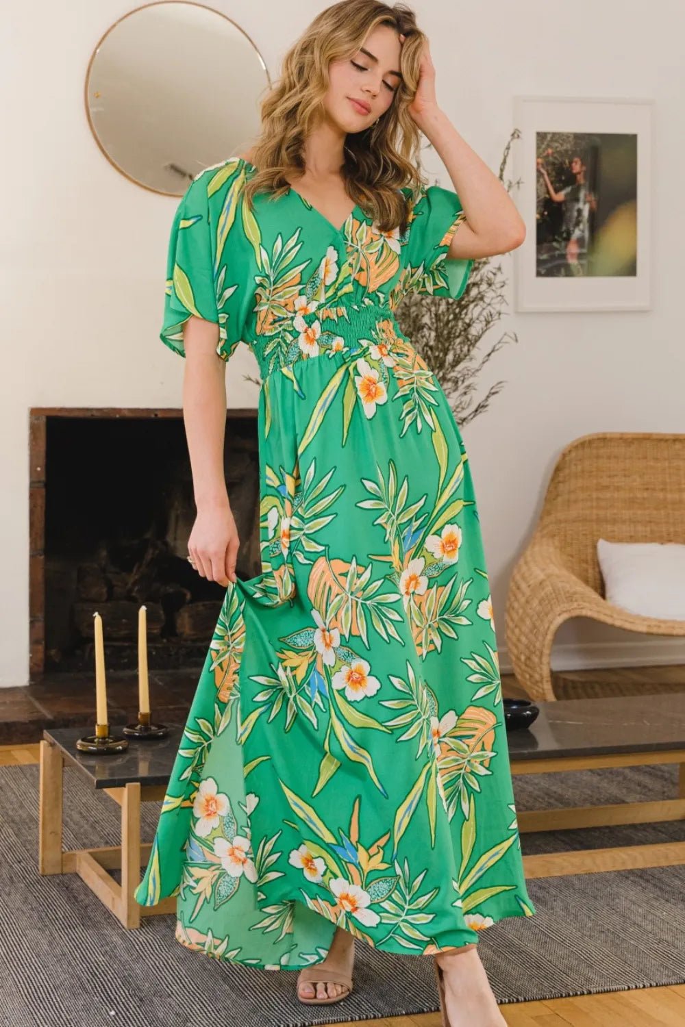 ODDI Full Size Floral Smocked Tied Back Maxi Dress - Blu Lotus Boutique