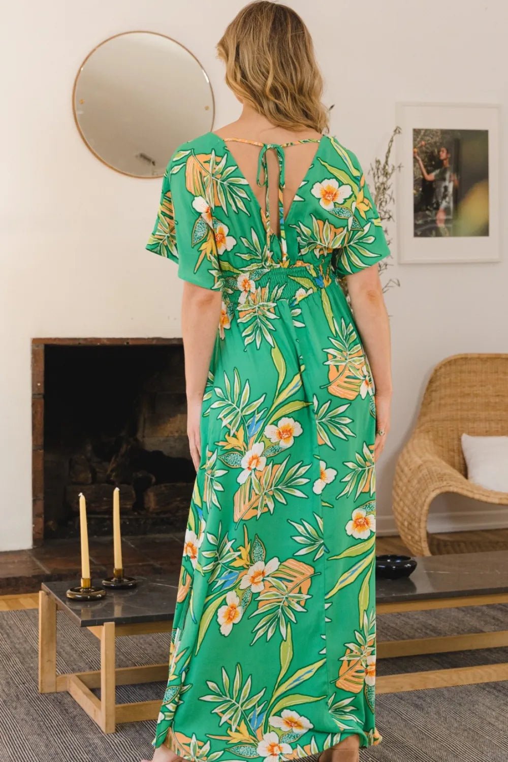ODDI Full Size Floral Smocked Tied Back Maxi Dress - Blu Lotus Boutique