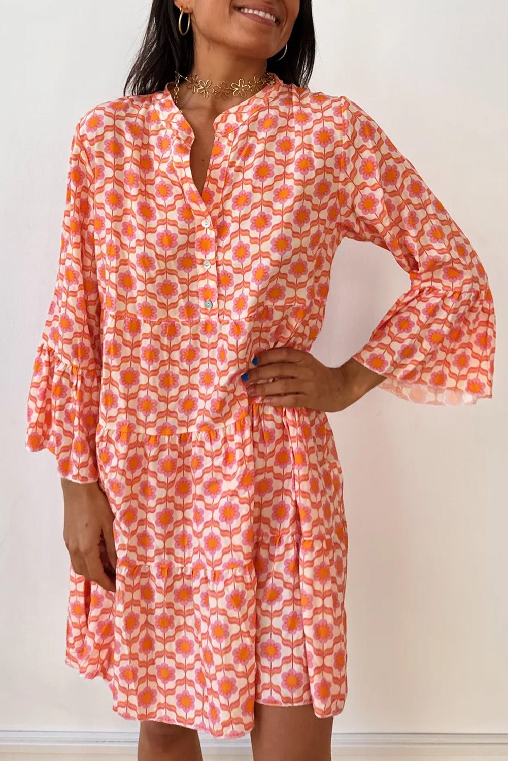 Orange Floral Print Flounce Sleeve Buttoned Front Mini Dress - Blu Lotus Boutique